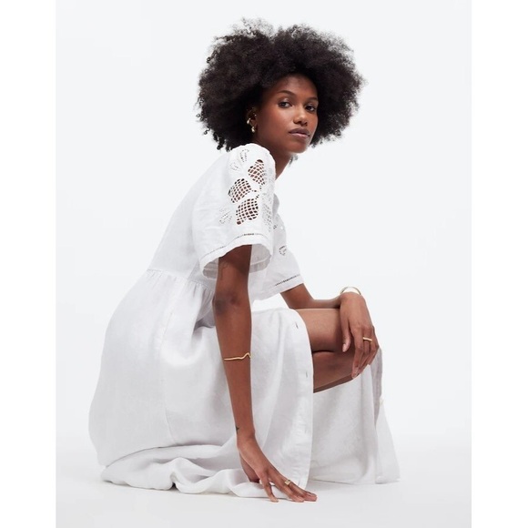 Madewell NWT Riley White 100% Linen Eyelet Button Front Midi Dress - Picture 5 of 6